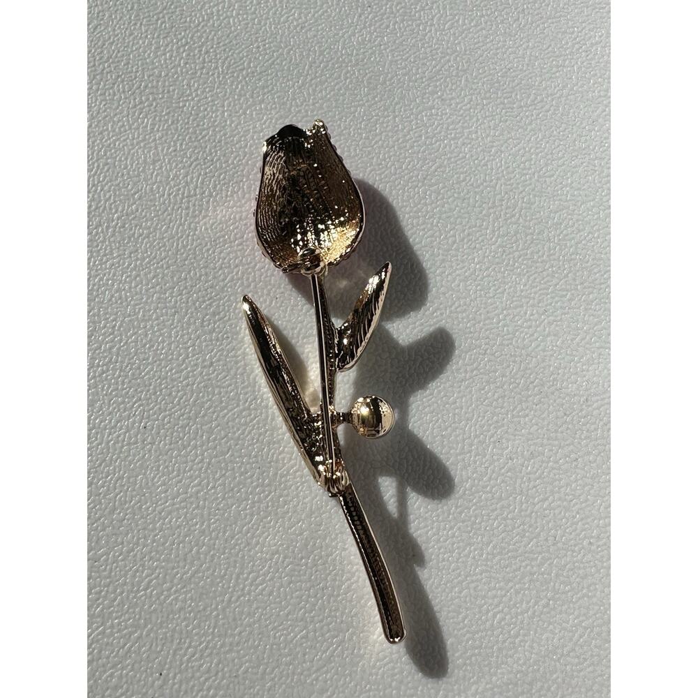 New Gold Tone Pink Long Stem Rose Brooch With Pink Rhinestones Faux Pearl 3”L - Picture 4 of 4